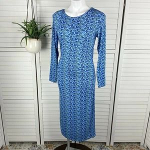 J Peterman Blue Floral Secret Keeper‎ Dress Ruched Long Sleeve Lined Knit Size S